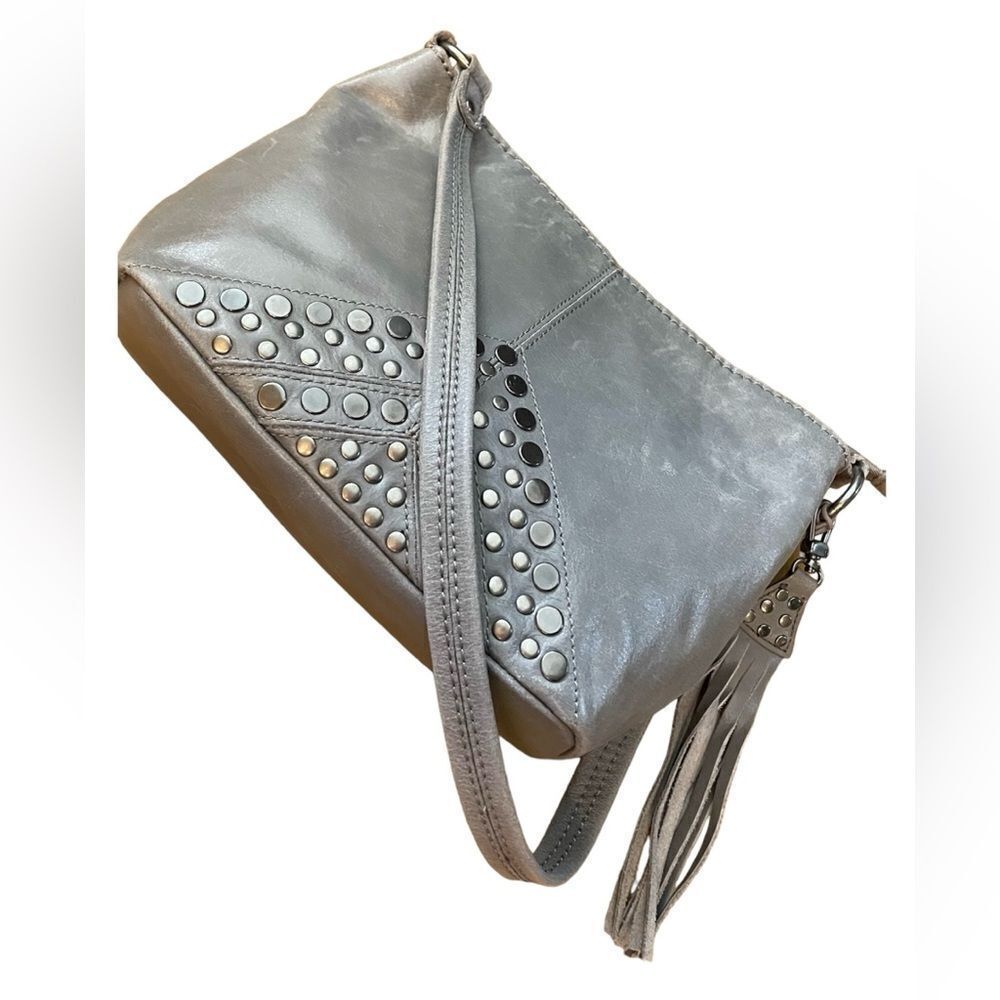 The Sak Indio Grey Leather Studded Hobo Bag With Tassel
